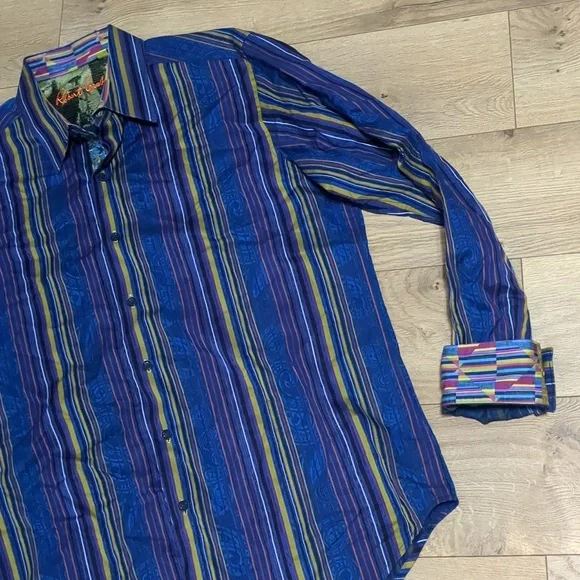 Robert Graham Shirt Blue Yellow Striped Paisley Abstract Flip Cuff Men's Sz L - Picture 8 of 11